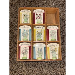 vintage herbal spice rack features hand-painted ceramic jars 1970 RARE